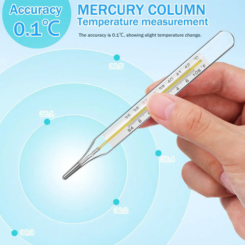 Five Piece General Use Temperature Testing Tools With Dual Scale Fahrenheit And Celsius For Accurate Readings For Adults And Kids Underarm And Oral Use Easy To Read For Everyday Health Checks, glass thermometer held in hand