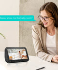Indoor Smart AI Detection Security Camera For Pets Babies And Home Nanny Cam shown on smart display with woman using Alexa.