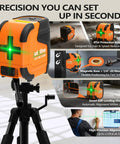 Pocket Cross Line Green Laser Level With Pendulum Lock, Self Leveling, on tripod showcasing features for precision projects