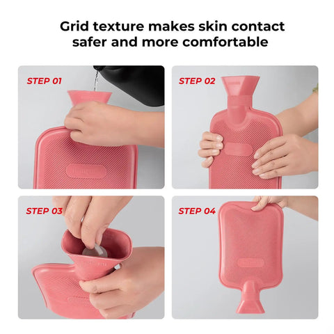 Steps to fill Premium Classic Rubber Hot Water Bottle Red with ribbed exterior for cozy comfort and heat retention