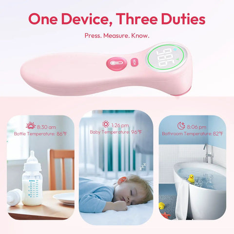 No Touch Infrared Thermometer For Kids And Adults With One Second Reading Pink Non Contact Medical Thermometer Hospital Grade Accuracy Quick Temp Check For The Whole Family showing bottle, baby, and bath use