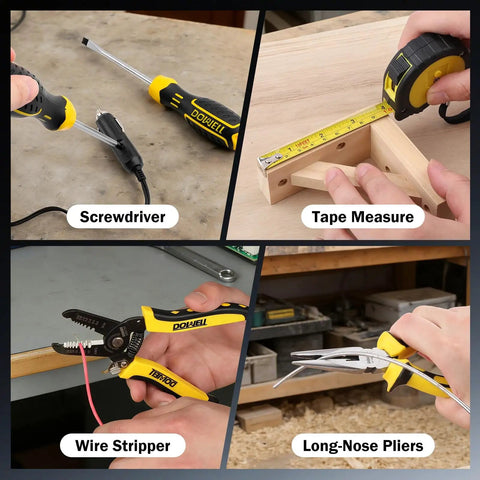 All In One 223 Piece Power Drill Tool Set With 12V Cordless Drill Driver Kit showcasing tools in use: screwdriver, tape measure, wire stripper, long-nose pliers