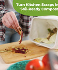 Person composting kitchen scraps using Bokashi Booster For Indoor Home Composting Buckets And Tumblers Easy For Beginners