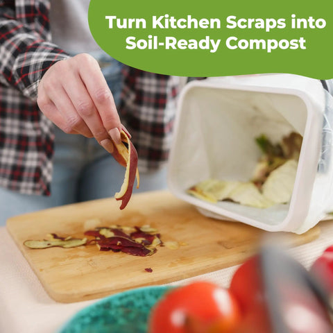 Person composting kitchen scraps using Bokashi Booster For Indoor Home Composting Buckets And Tumblers Easy For Beginners