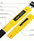 Diagram of Pocket Size pH Meter Tester Pen For Water Pre Calibrated With High Accuracy To 0.01 pH 0 To 14 Range Ideal For Drinking Water Pools Aquariums And Hydroponics Yellow, showing parts like LCD display and battery case.