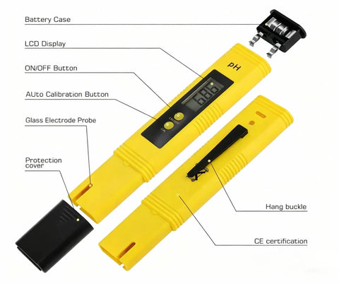 Diagram of Pocket Size pH Meter Tester Pen For Water Pre Calibrated With High Accuracy To 0.01 pH 0 To 14 Range Ideal For Drinking Water Pools Aquariums And Hydroponics Yellow, showing parts like LCD display and battery case.