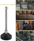 4 Pcs M8 Metal Adjustable Leveling Feet Heavy Duty Swivel Furniture Glides Leveler For Tables Desks Shelves And Chairs Black 5.1 In By 1.9 In 130mm By 48mm With Adjustable 90 Degree To 60 Degree For Stability, shown next to various furniture applications.