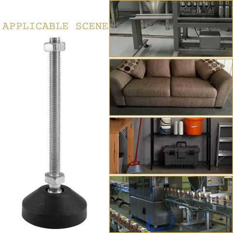 4 Pcs M8 Metal Adjustable Leveling Feet Heavy Duty Swivel Furniture Glides Leveler For Tables Desks Shelves And Chairs Black 5.1 In By 1.9 In 130mm By 48mm With Adjustable 90 Degree To 60 Degree For Stability, shown next to various furniture applications.
