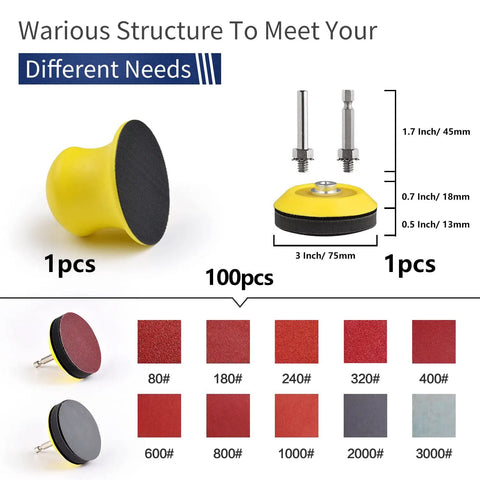 120 Pack 3 Inch Polishing Pad Set For Drill Sanding Attachment With 5/16 And 1/4 Inch Shanks featuring various grit pads