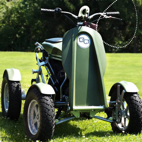 Smooth Operator Electric Single Rider Golf Cart With Foldable Four Wheel Chassis front view showcasing handlebar and wheels on grass.