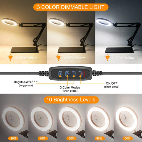 2 In 1 Magnifying Lamp With Light And Clamp, 5X And 10X Magnifier, Three color modes, adjustable swing arm, brightness control