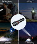Two Pack 2000 Lumen Tactical Flashlights Heavy Duty Aluminum Zoomable Beam 5 Modes Waterproof For Home Camping Hiking Emergency Prep And Outdoor Adventures shown in use for various outdoor activities.