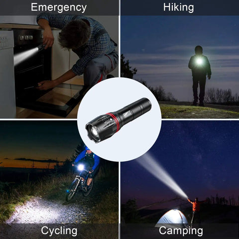 Two Pack 2000 Lumen Tactical Flashlights Heavy Duty Aluminum Zoomable Beam 5 Modes Waterproof For Home Camping Hiking Emergency Prep And Outdoor Adventures shown in use for various outdoor activities.