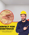 Image of a construction worker with drywall samples and tools, highlighting a Drywall And Hollow-Wall Anchor Assortment Kit for supports.
