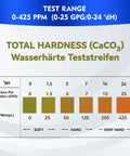 Water Hardness Test Strips Kit 150 Strips For Home, Aquarium, Pool, And Spa, Easy 15 Second Hard Water Test With Color Chart, 0 To 425 Ppm Range, Fast Reliable Results showing hardness levels