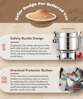 Safety features of Beast Mode 2500W Electric Grain Mill Grinder, highlighting buckle design and overload protector.
