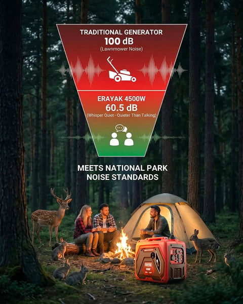 Camping scene with 4500W Portable Inverter Generator For Home And Outdoor Use, Ultra Quiet Gas Powered Backup Power With Eco Mode.