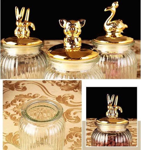 Dead Legit Glass Kitchen Storage Jars With Snap On Lids Hella Sturdy Airtight Containers with decorative gold animal tops.