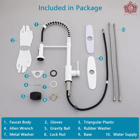 GICASA Kitchen Faucet - Pull Down Sprayer,High arc Commercial Stainless Steel Kitchen Sink Faucet White package contents layout with accessories