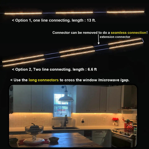 Under Cabinet LED Strip Lights Kit With Remote 8 Strips 24W Adapter showing seamless connection options and kitchen installation.