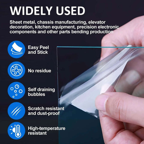 Pro Grade Urethane Die Protection Film For Press Brake Bending held by hand, features listed include easy peel, no residue, scratch resistant