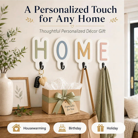 Hella Slick Personalized Wooden Wall Hook With Custom Letter Design For Super Kickass Towel Organization In Your Bathroom Bedroom Or Entryway Plus Fresh White Finish, showcasing 'HOME' hooks.