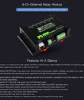 8 Channel Ethernet Relay Module With Modbus RTU TCP PoE Power And Industrial Rail Mount displayed with features list