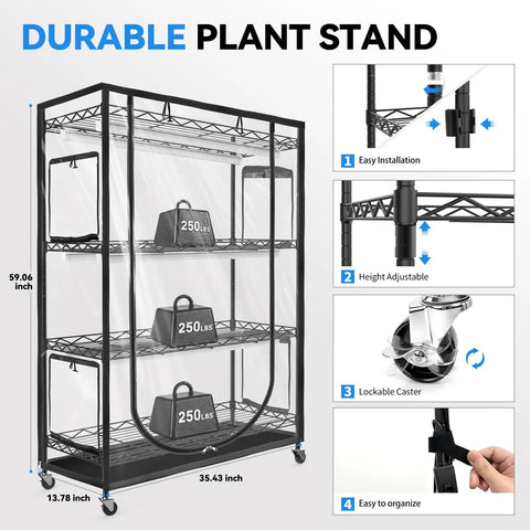 Indoor Greenhouse With Full Spectrum 5000K LED Grow Light Three-Foot Wide Grow Space For Seed Starting Five-Tier Adjustable Shelves Built-In Timer And Thermo-Hygrometer Rolling Metal Plant Stand 35.4x13.8x59 Inches shown with height adjustable and easy installation features.