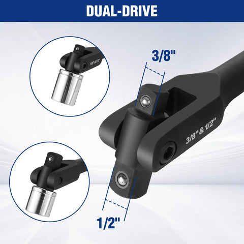 Gator Tough 16 Inch Heavy Duty Breaker Bar With Swivel Flex Head And 3/8 And 1/2 Inch Drives dual-drive feature showcasing 3/8 and 1/2 inch sockets.
