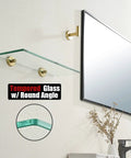 Gold Brushed Stainless Steel Glass Shelf For Bathroom 16x5 Inch Tempered Glass Shower Storage, mounted below mirror.