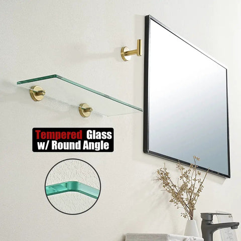 Gold Brushed Stainless Steel Glass Shelf For Bathroom 16x5 Inch Tempered Glass Shower Storage, mounted below mirror.