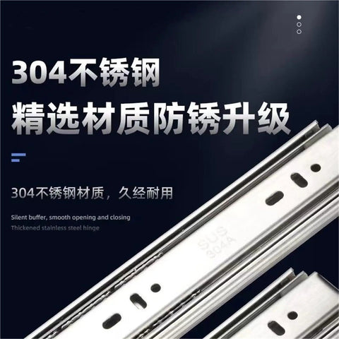 Close-up of stainless steel drawer slides with rebound buffer and three-section rails, showcasing precision and anti-rust features.