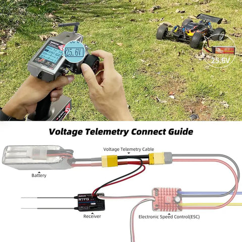 Beefed Up 7 Channel RC Transmitter With Waterproof Gyro Receiver in use with telemetry guide and crawler car on grass