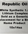 Carton labeled "White Synthetic High Temperature Multipurpose Lithium Complex Grease, Ten 14 Oz Cartridges, ISO 460 Base Oil, 482F Drop Point, 50 Lb Timken Load Rating, Beefy Heavy Duty Multi Purpose Lubricant For Industrial Equipment" for industrial machinery.
