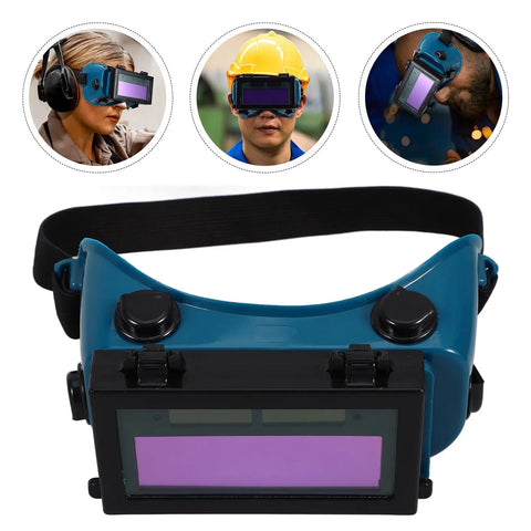 Heavy Duty Auto Darkening Welding Goggles With Clear Blue Lens For Arc And TIG Welding Pro Grade Eye Protection Gear front view with adjustable strap.