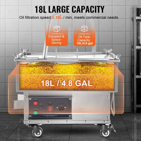 Saditesdk Commercial Deep Fryer Oil Filter Machine 300 Watt High Efficiency Pump showing 18L tank capacity and filtration speed.