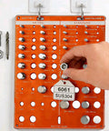 Hand using Nut And Bolt Thread Checker Kit With Standard And Metric Gauges 42 Hole Screw Size Tester board showing 19 SAE Sizes.