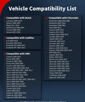 Vehicle compatibility list infographic with dark panels listing Buick, Cadillac, GMC, and Chevrolet models.