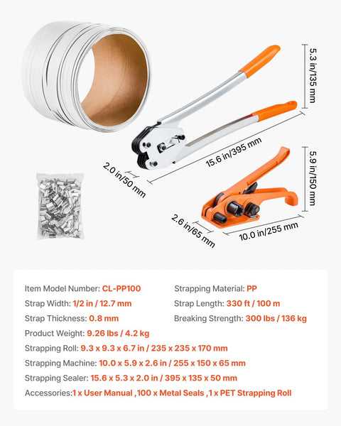 Pro Grade Heavy Duty Manual Banding Strapping Kit With Sealer Tool And 330 Ft PP Band 100 Metal Seals Plastic Pallet Strapping Set For Warehouse Shipping Moving And Home Use, 1/2 in roll and sealer