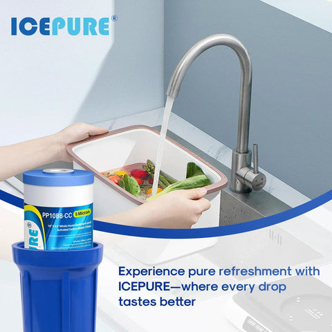 Image of 5 Micron 10 By 4.5 Inch Whole House Water Filter Cartridge Compatible With GE FXHTC GXWH40L next to a kitchen faucet.