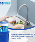 5 Micron 10 Inch X 4.5 Inch Whole House Water Filter Replacement in kitchen sink being used to wash vegetables, ICEPURE design