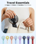Hand placing Rechargeable Portable Handheld Fan With 4000mAh Battery into a white bag, assorted fan colors displayed below