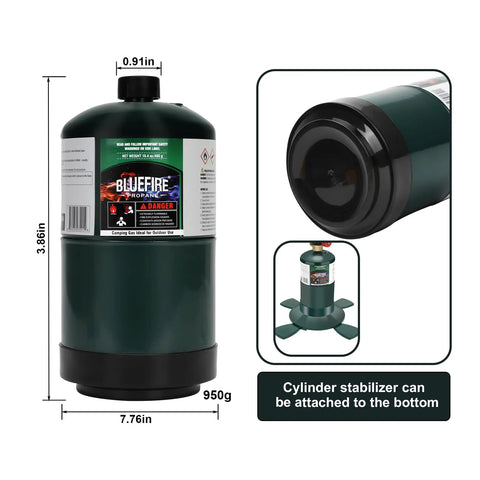 16.4 Oz Propane Replacement Cylinders Pack Of 4 For Camping Stoves And Outdoor Gear shown with dimensions and stabilizer