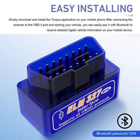 OBD2 Scanner With ELM327 V21 Bluetooth Diagnostic Tool with blue casing and pins for Android and iOS