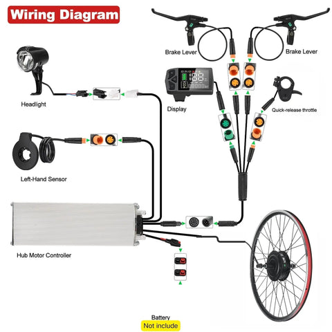 Wiring diagram for 48V 500W Electric Hub Motor Kit for Bicycles, showing components and connections for installation.