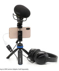 Compact USB Audio Interface For 3.5mm Mics With TRS And TRRS Plug In Power shown with headphones and smartphone setup