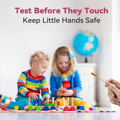 AssuTest lead test kit for dishes; 60 swabs, two kids play with colorful wooden blocks