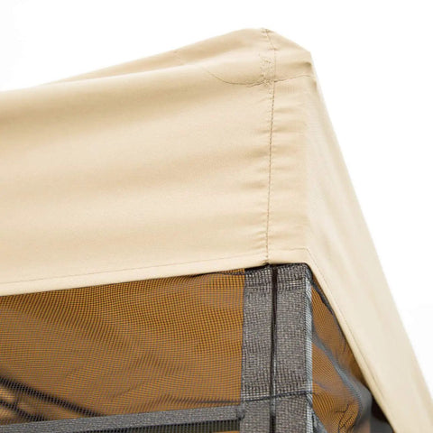Close-up of beige double roof vent canopy on 10 Ft By 10 Ft Backyard Patio Gazebo With Double Roof Vent Ventilated Canopy And Rust Resistant Powder Coated Steel Frame Includes Corner Shelves For No Fuss Easy Setup Durable 180G Polyester Fabric.
