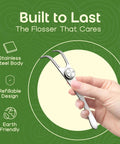 Compatible With Floss Refills Refillable Stainless Steel Dental Floss Holder With Reusable Floss Pick shown in hand