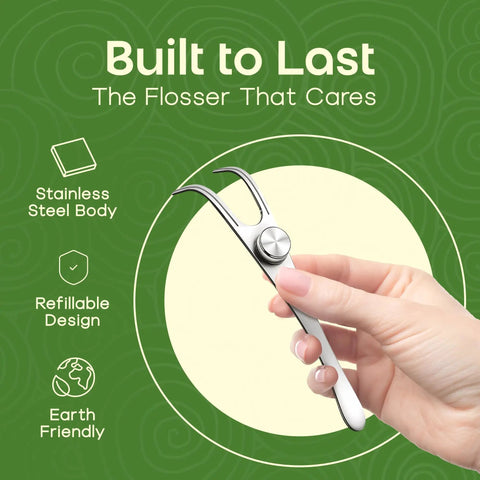 Compatible With Floss Refills Refillable Stainless Steel Dental Floss Holder With Reusable Floss Pick shown in hand